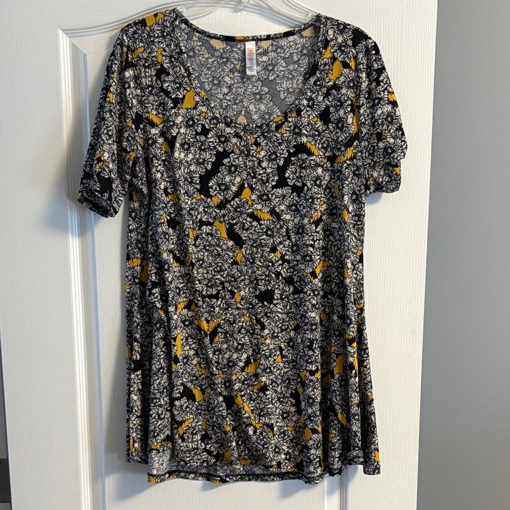 LuLaRoe Black and Yellow Floral Short Sleeve Tee